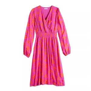 Draper James Midi Fit&Flare Dress Pink Orange Floral XS VNeck Brunch Baby Shower